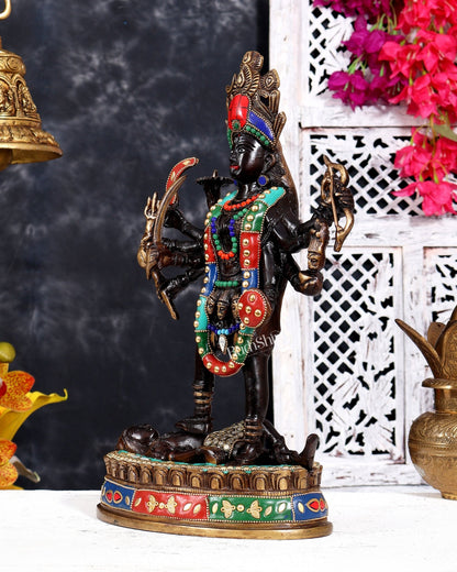 Pure Brass Vintage Goddess Kali Dashbhuja Idol | 14 inch with meenakari and shringaar - Budhshiv.com