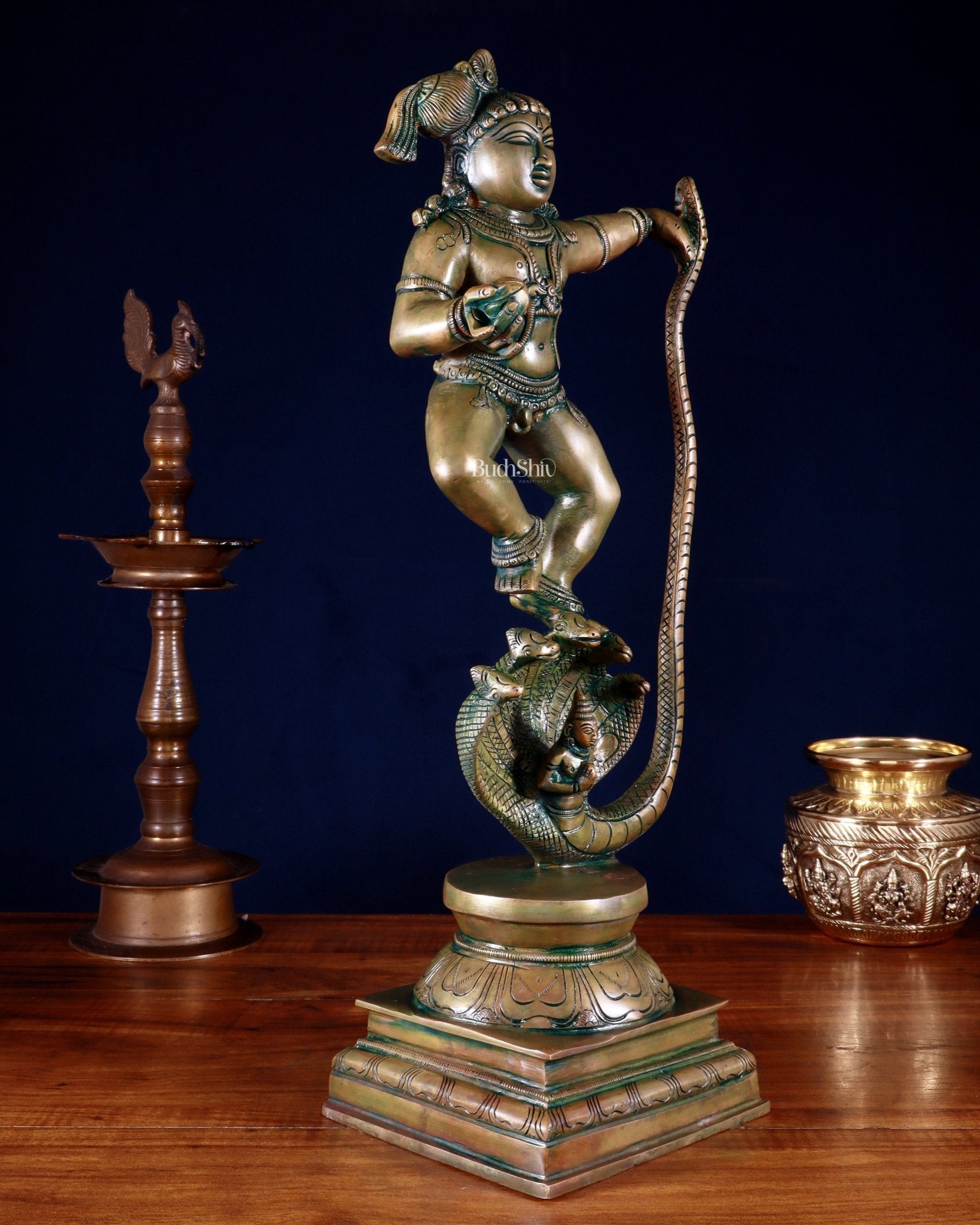 Pure Brass Vintage Kalinga Narthana Krishna Idol - 18 Inch chola craft - Budhshiv.com