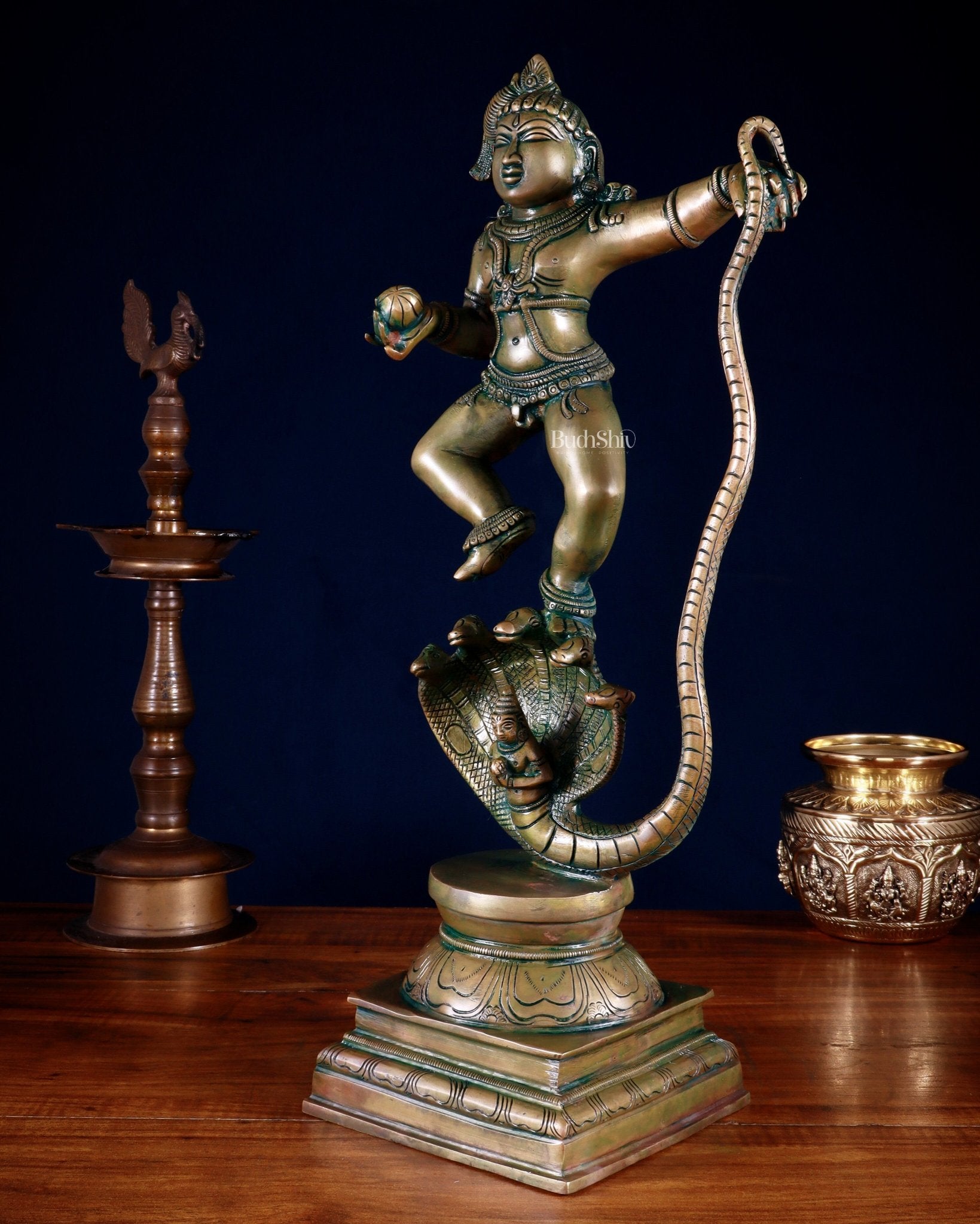 Pure Brass Vintage Kalinga Narthana Krishna Idol - 18 Inch chola craft - Budhshiv.com