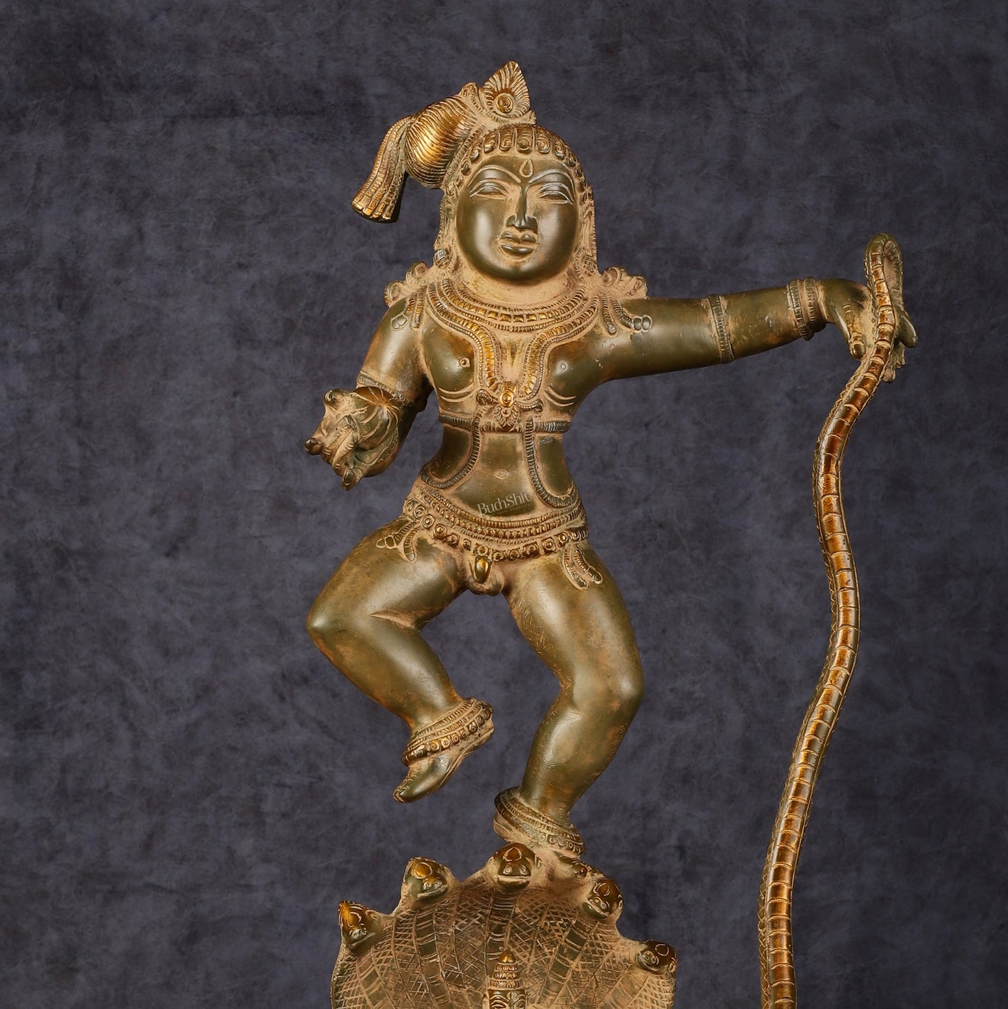 Pure Brass Vintage Kalinga Narthana Krishna Idol - 18 Inch - Budhshiv.com