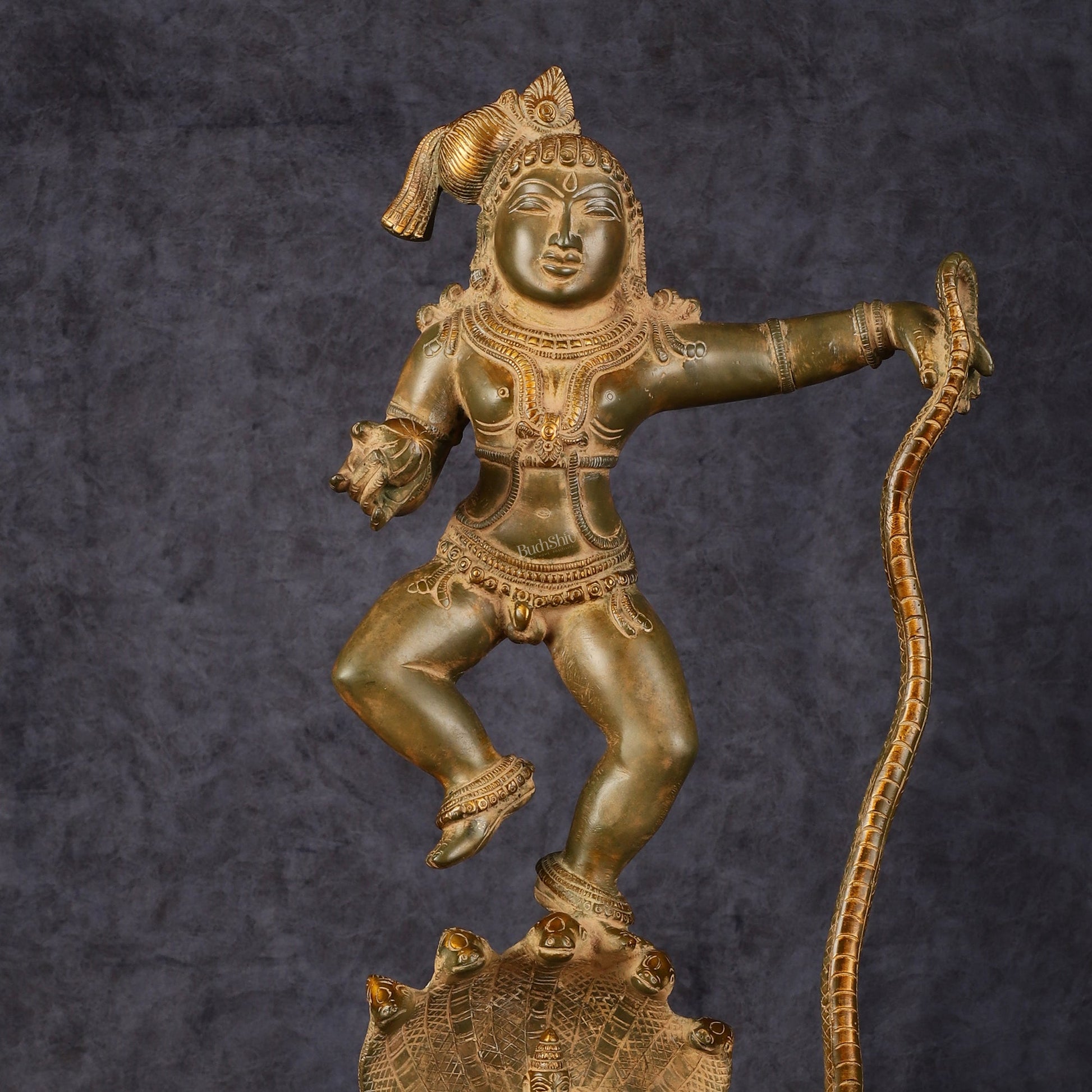 Pure Brass Vintage Kalinga Narthana Krishna Idol - 18 Inch - Budhshiv.com