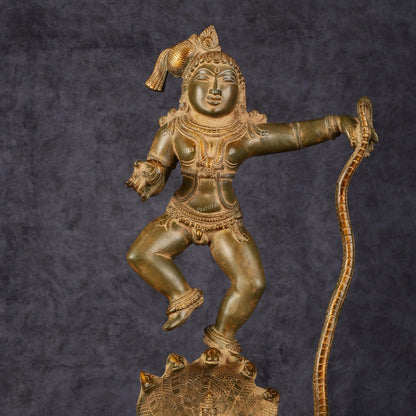 Pure Brass Vintage Kalinga Narthana Krishna Idol - 18 Inch - Budhshiv.com