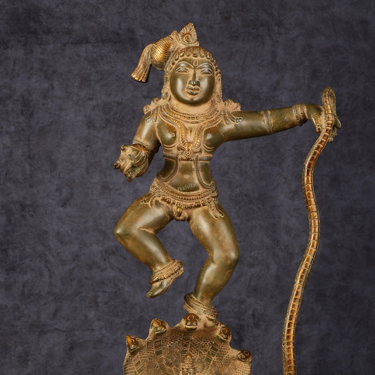 Pure Brass Vintage Kalinga Narthana Krishna Idol - 18 Inch - Budhshiv.com