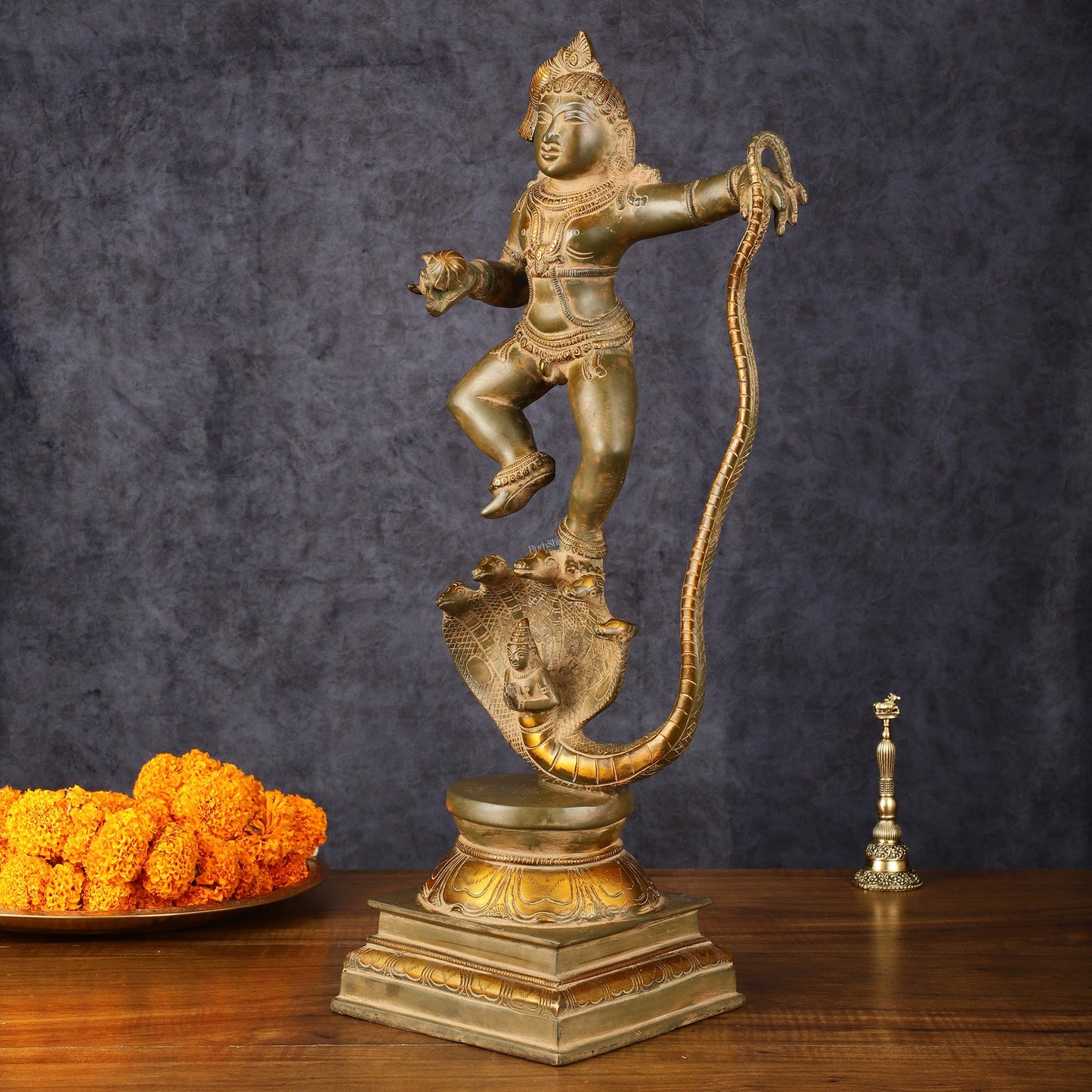 Pure Brass Vintage Kalinga Narthana Krishna Idol - 18 Inch - Budhshiv.com