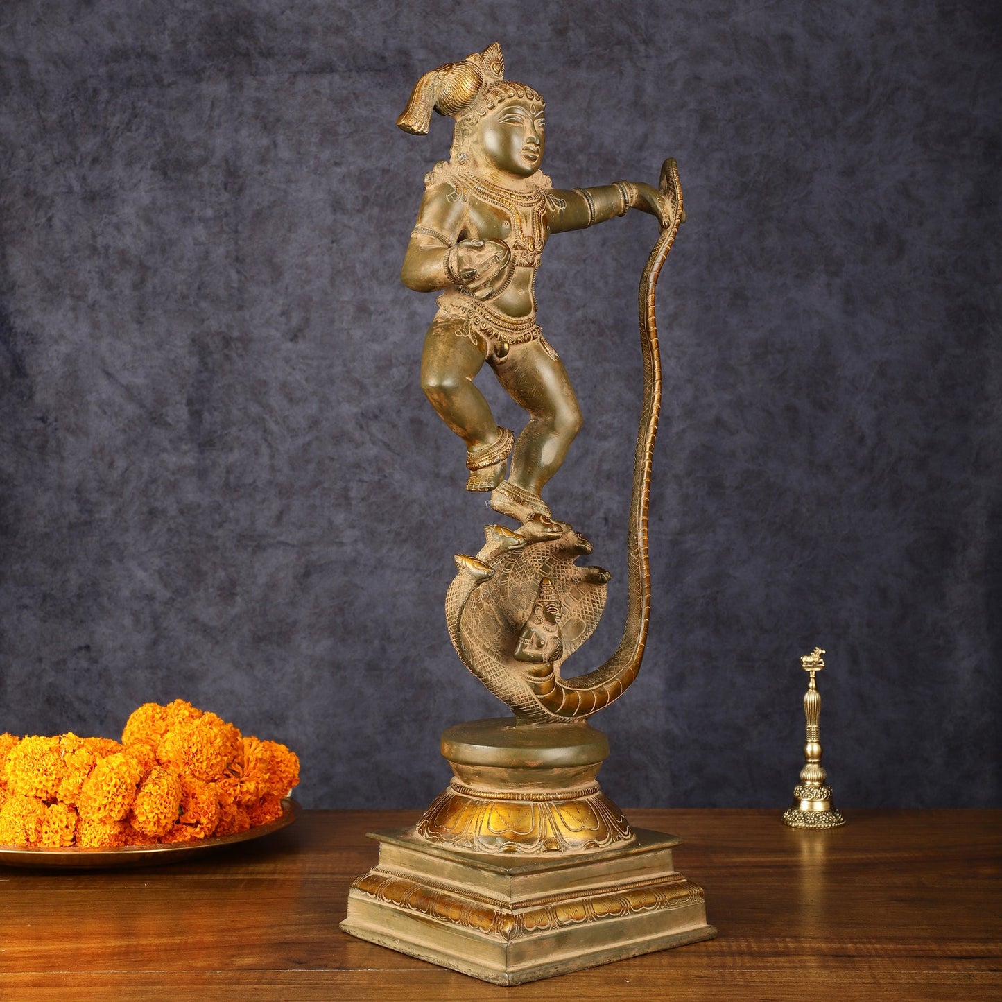 Pure Brass Vintage Kalinga Narthana Krishna Idol - 18 Inch - Budhshiv.com