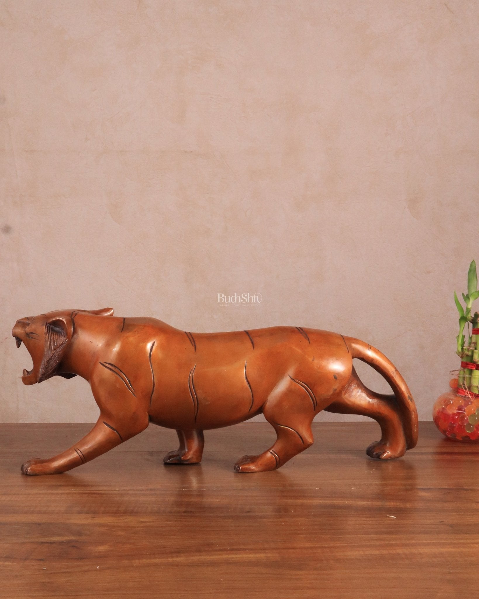 Pure Brass Vintage Large Tiger Statue showpiece - 20"x7.5"x6", Vastu Approved brown - Budhshiv.com