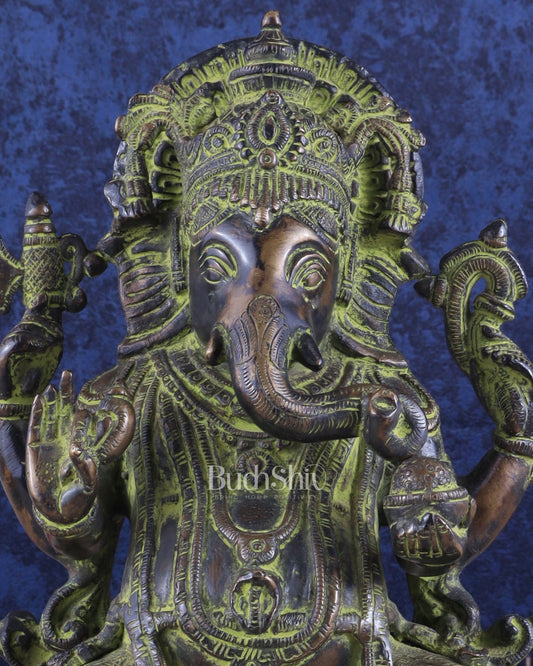 Pure Brass Vintage Lord Ganesha Statue 11 inch sandfinish - Budhshiv.com