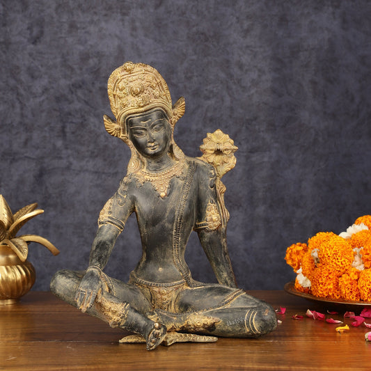 Pure Brass Vintage Lord Indra Idol - Sand Finish Patina, 10" - Budhshiv.com