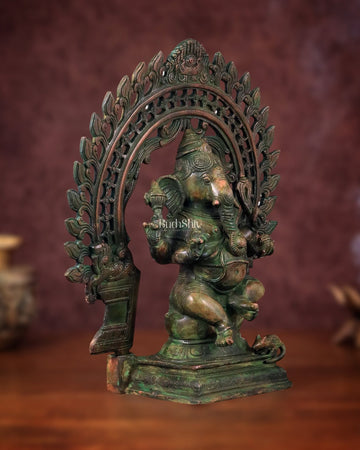 Pure Brass Vintage Lord Vinayaka (Ganesha) with Prabhavali - Green Patina, 15.5" - Budhshiv.com
