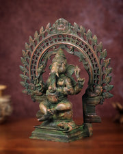Pure Brass Vintage Lord Vinayaka (Ganesha) with Prabhavali - Green Patina, 15.5" - Budhshiv.com