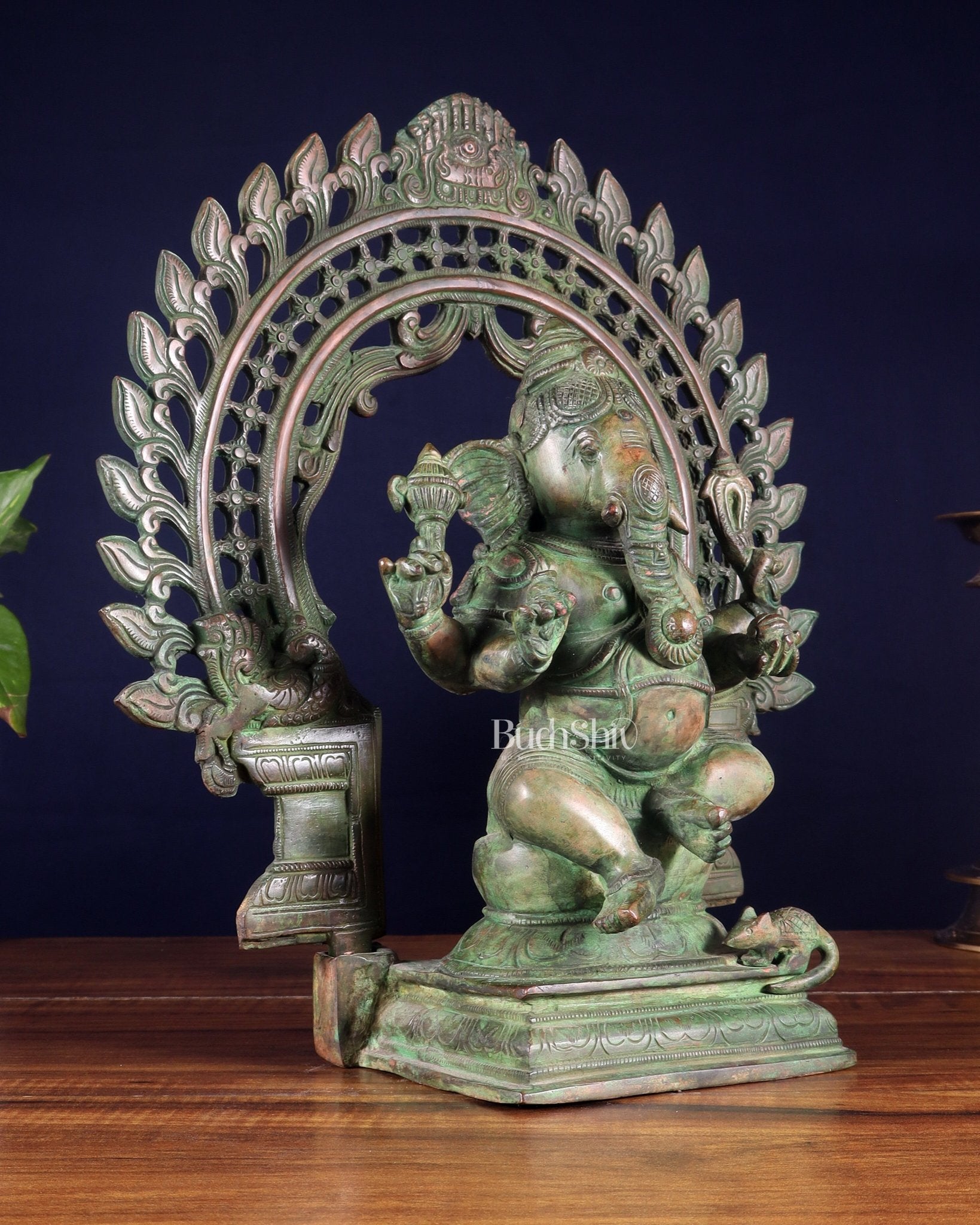 Pure Brass Vintage Lord Vinayaka (Ganesha) with Prabhavali - Green Patina, 15.5" - Budhshiv.com
