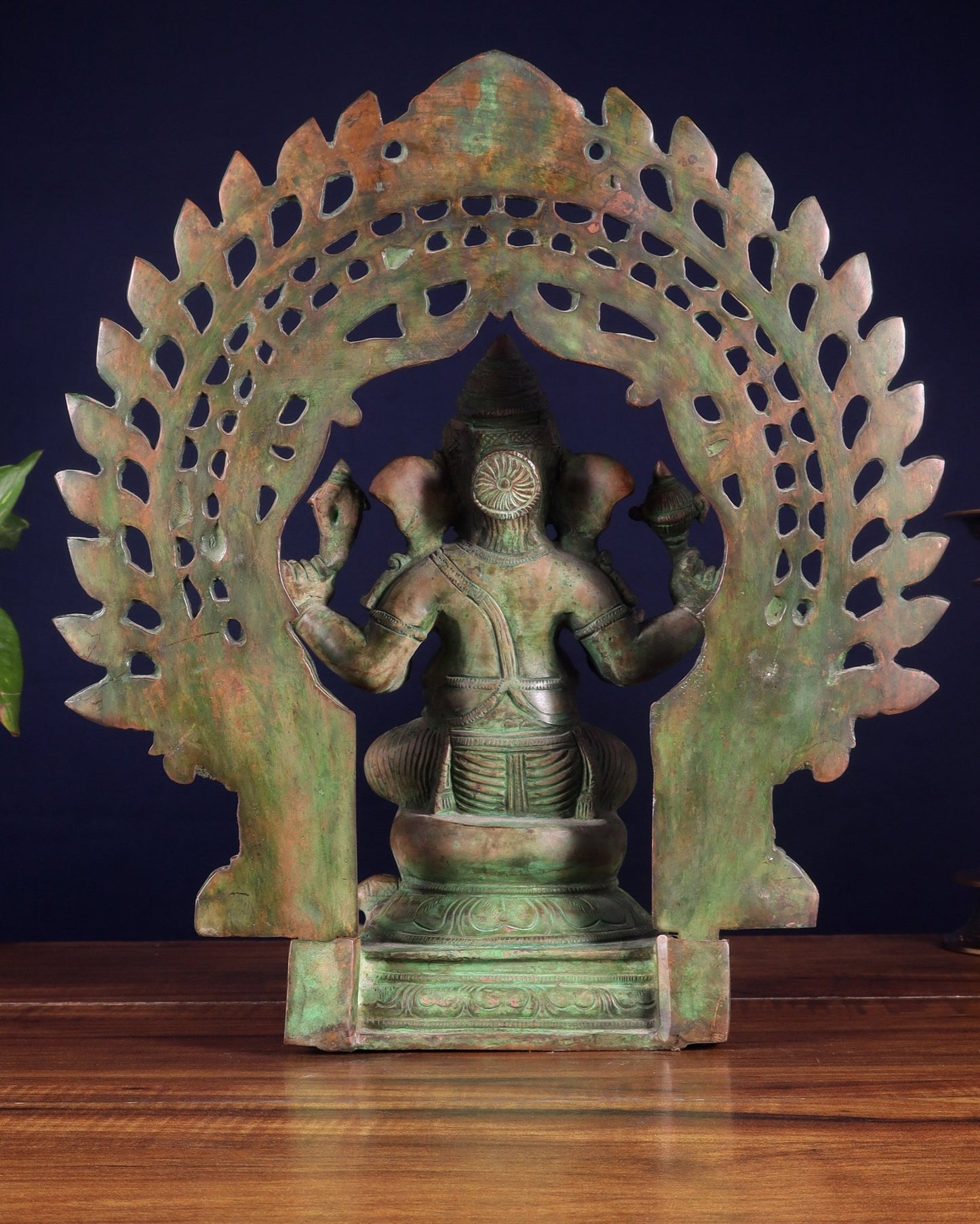 Pure Brass Vintage Lord Vinayaka (Ganesha) with Prabhavali - Green Patina, 15.5" - Budhshiv.com