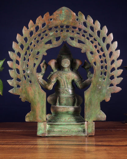 Pure Brass Vintage Lord Vinayaka (Ganesha) with Prabhavali - Green Patina, 15.5" - Budhshiv.com
