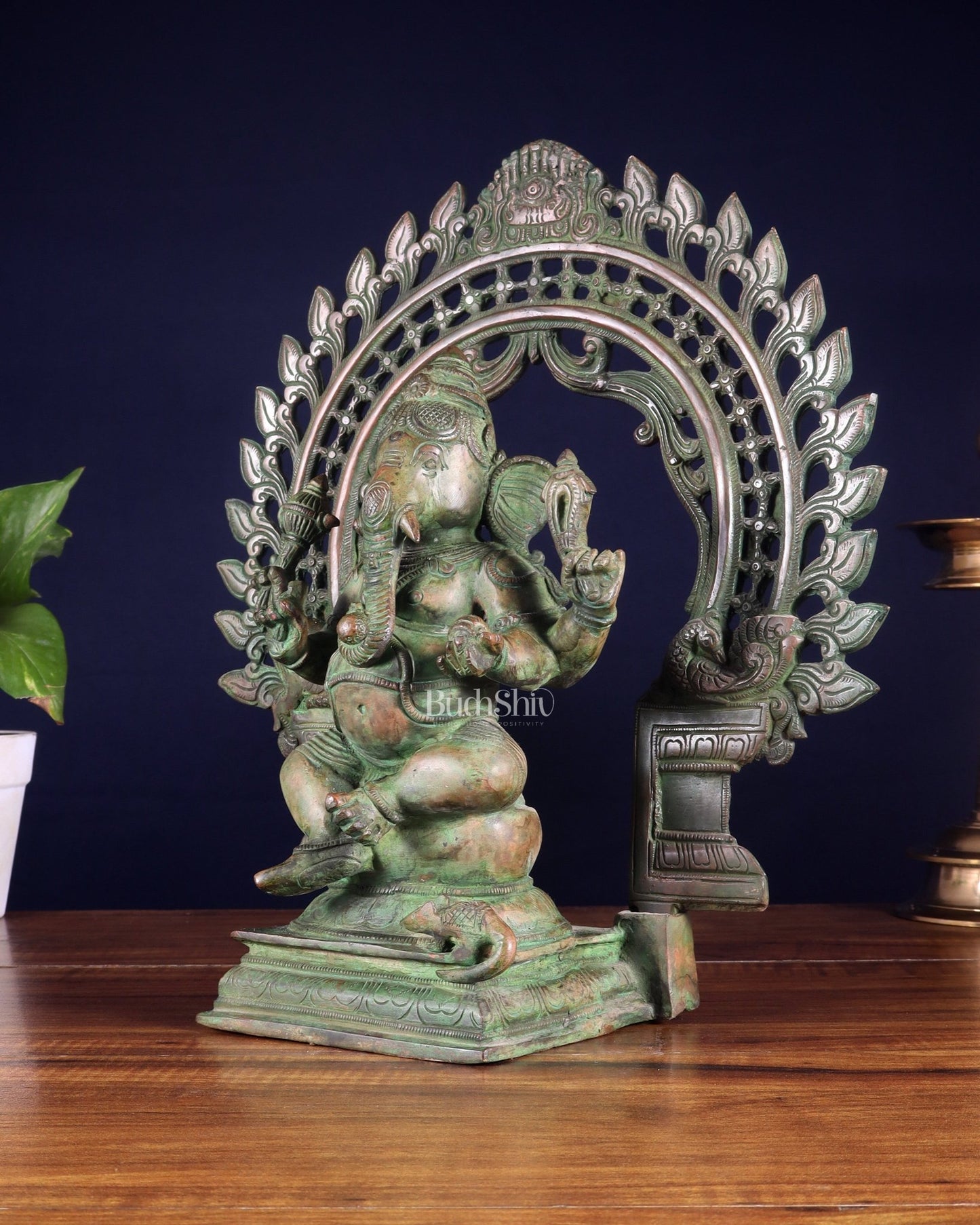 Pure Brass Vintage Lord Vinayaka (Ganesha) with Prabhavali - Green Patina, 15.5" - Budhshiv.com