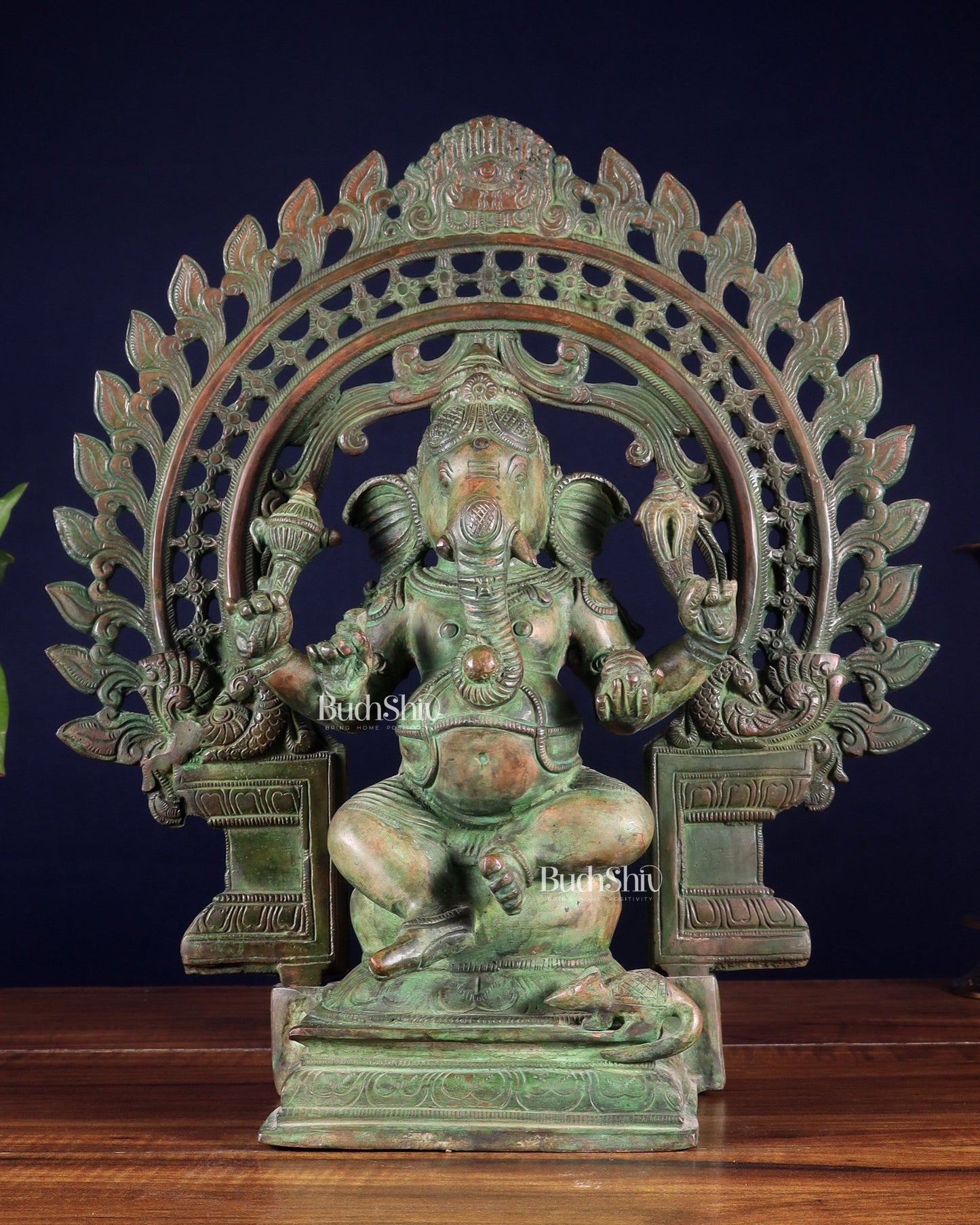 Pure Brass Vintage Lord Vinayaka (Ganesha) with Prabhavali - Green Patina, 15.5" - Budhshiv.com