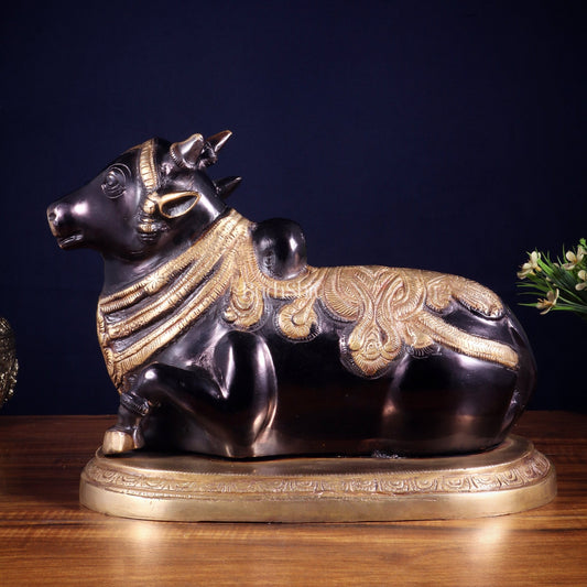 Pure Brass Vintage Nandi Statue – black tone 12.6 inch - Budhshiv.com