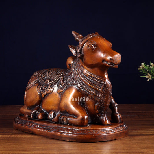 Pure Brass Vintage Nandi Statue – Chola brown Finish 12.6 inch - Budhshiv.com