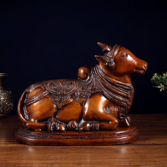 Pure Brass Vintage Nandi Statue – Chola brown Finish 12.6 inch - Budhshiv.com