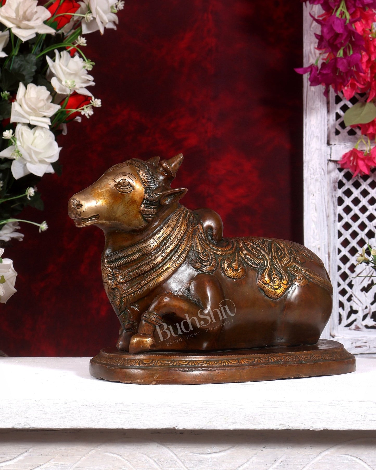 Pure Brass Vintage Nandi Statue – double Chola Finish 12.5 inch - Budhshiv.com