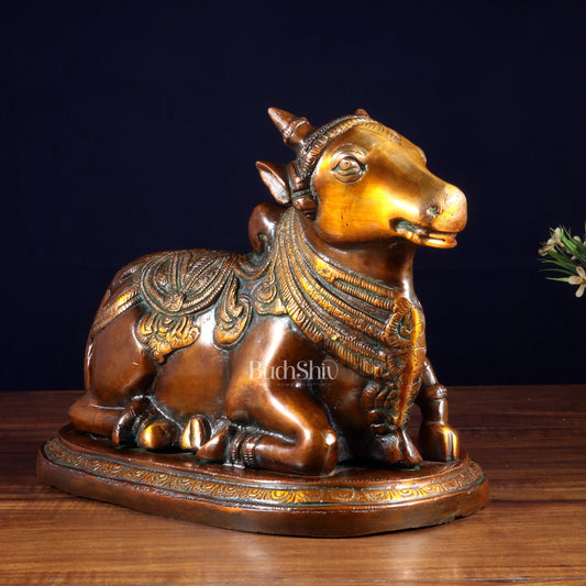 Pure Brass Vintage Nandi Statue – double Chola Finish 12.6 inch - Budhshiv.com