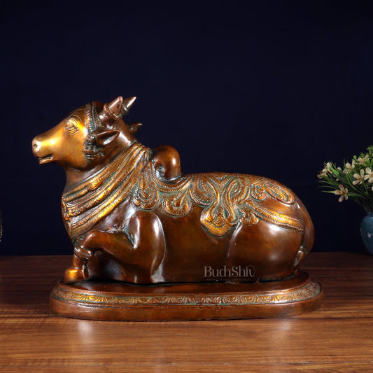 Pure Brass Vintage Nandi Statue – double Chola Finish 12.6 inch - Budhshiv.com