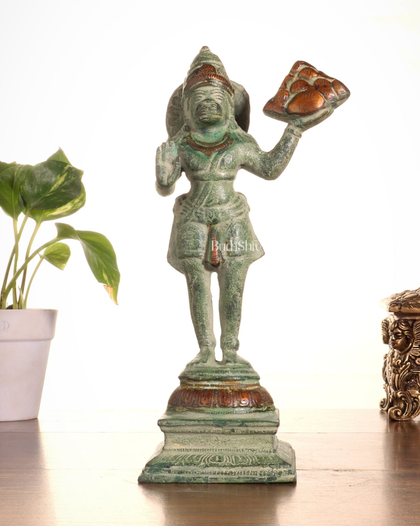 Pure Brass Vintage Sanjeevani Hanuman Statue – Green Sand Finish | 10 - Inch - Budhshiv.com