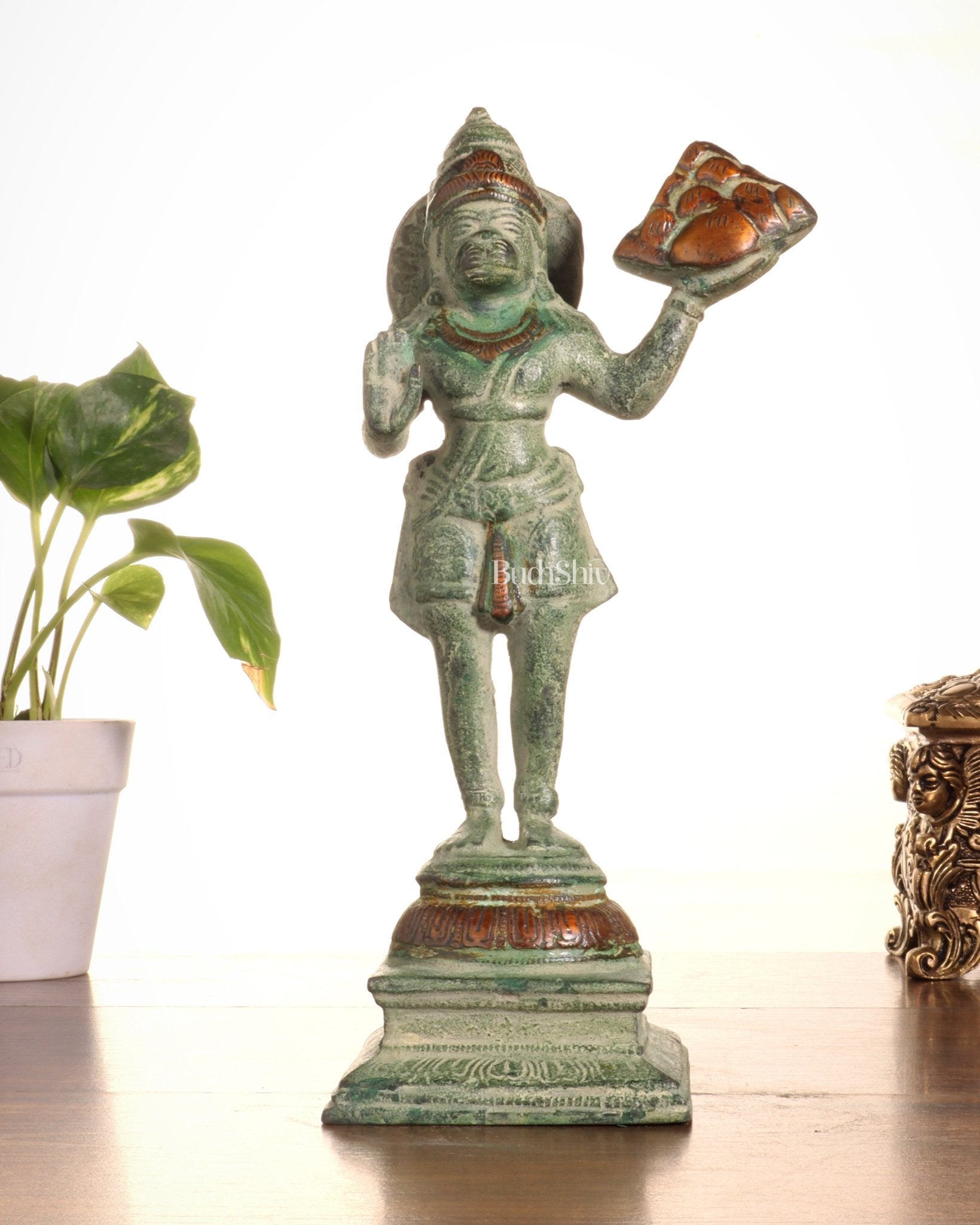 Pure Brass Vintage Sanjeevani Hanuman Statue – Green Sand Finish | 10 - Inch - Budhshiv.com