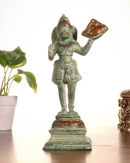 Pure Brass Vintage Sanjeevani Hanuman Statue – Green Sand Finish | 10 - Inch - Budhshiv.com