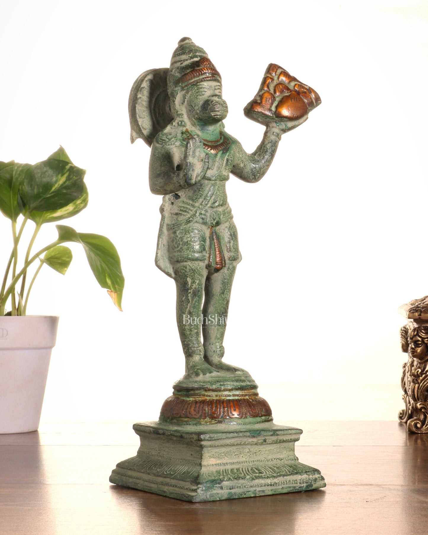 Pure Brass Vintage Sanjeevani Hanuman Statue – Green Sand Finish | 10 - Inch - Budhshiv.com