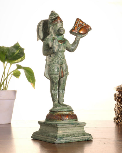 Pure Brass Vintage Sanjeevani Hanuman Statue – Green Sand Finish | 10 - Inch - Budhshiv.com