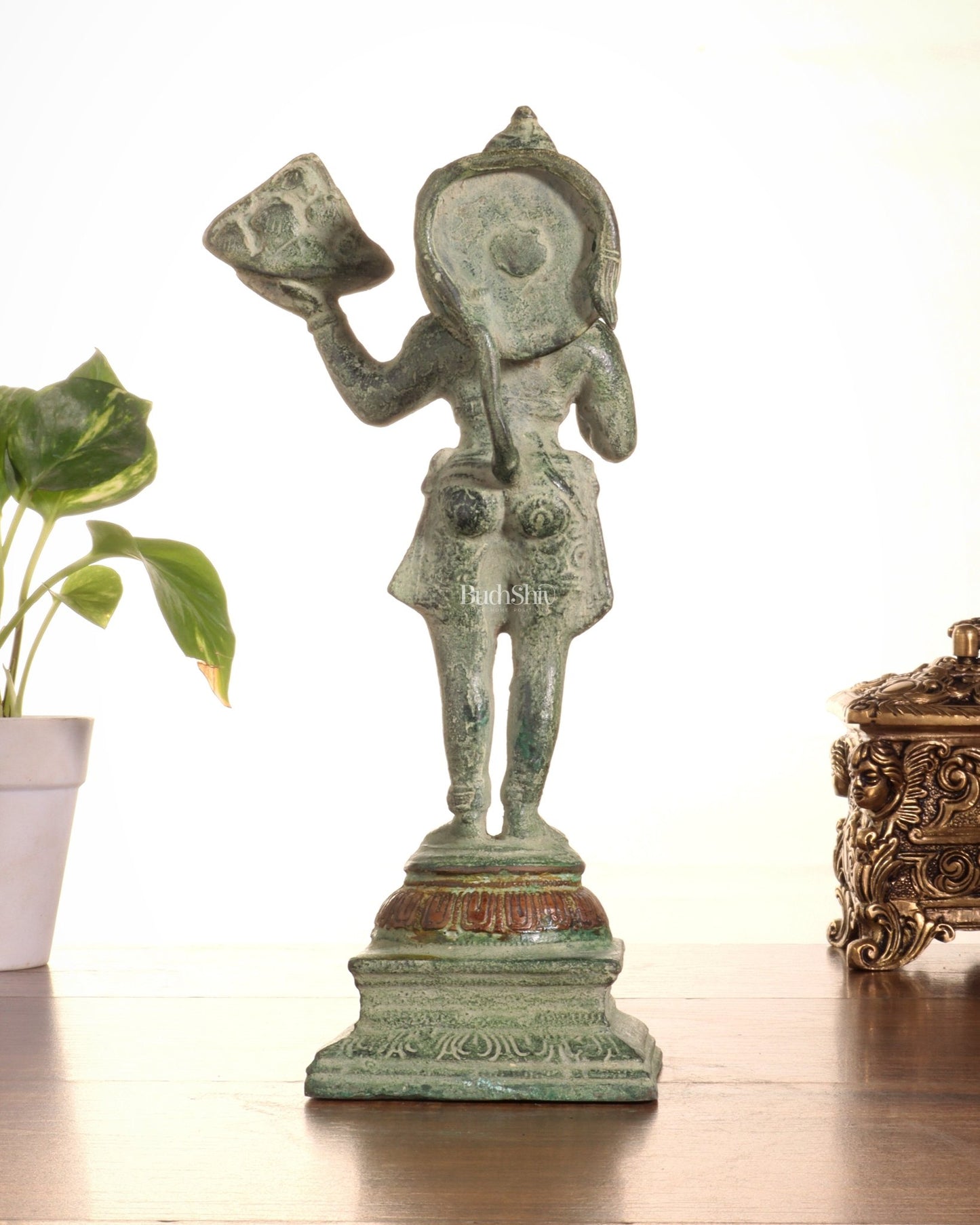 Pure Brass Vintage Sanjeevani Hanuman Statue – Green Sand Finish | 10 - Inch - Budhshiv.com