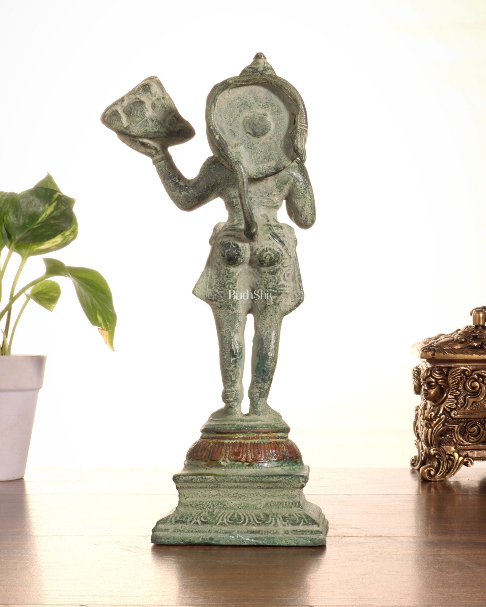 Pure Brass Vintage Sanjeevani Hanuman Statue – Green Sand Finish | 10 - Inch - Budhshiv.com