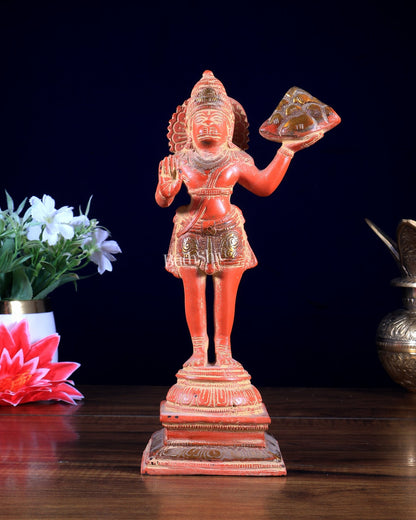 Pure Brass Vintage Sanjeevani Hanuman Statue – Red sand finish | 10 - Inch - Budhshiv.com