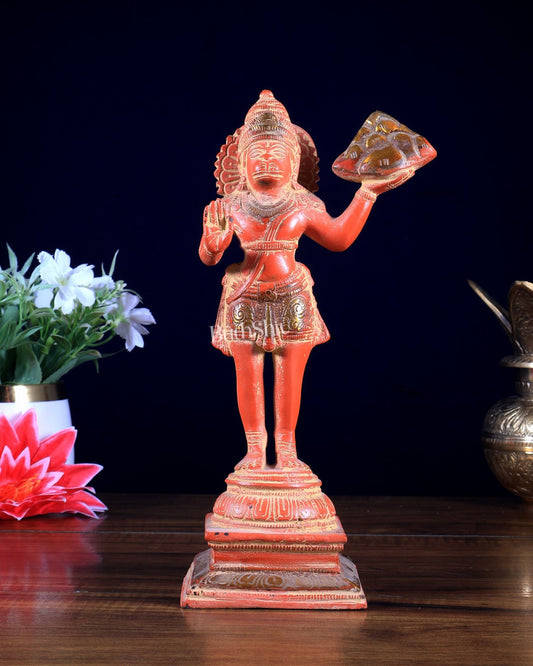 Pure Brass Vintage Sanjeevani Hanuman Statue – Red sand finish | 10 - Inch - Budhshiv.com