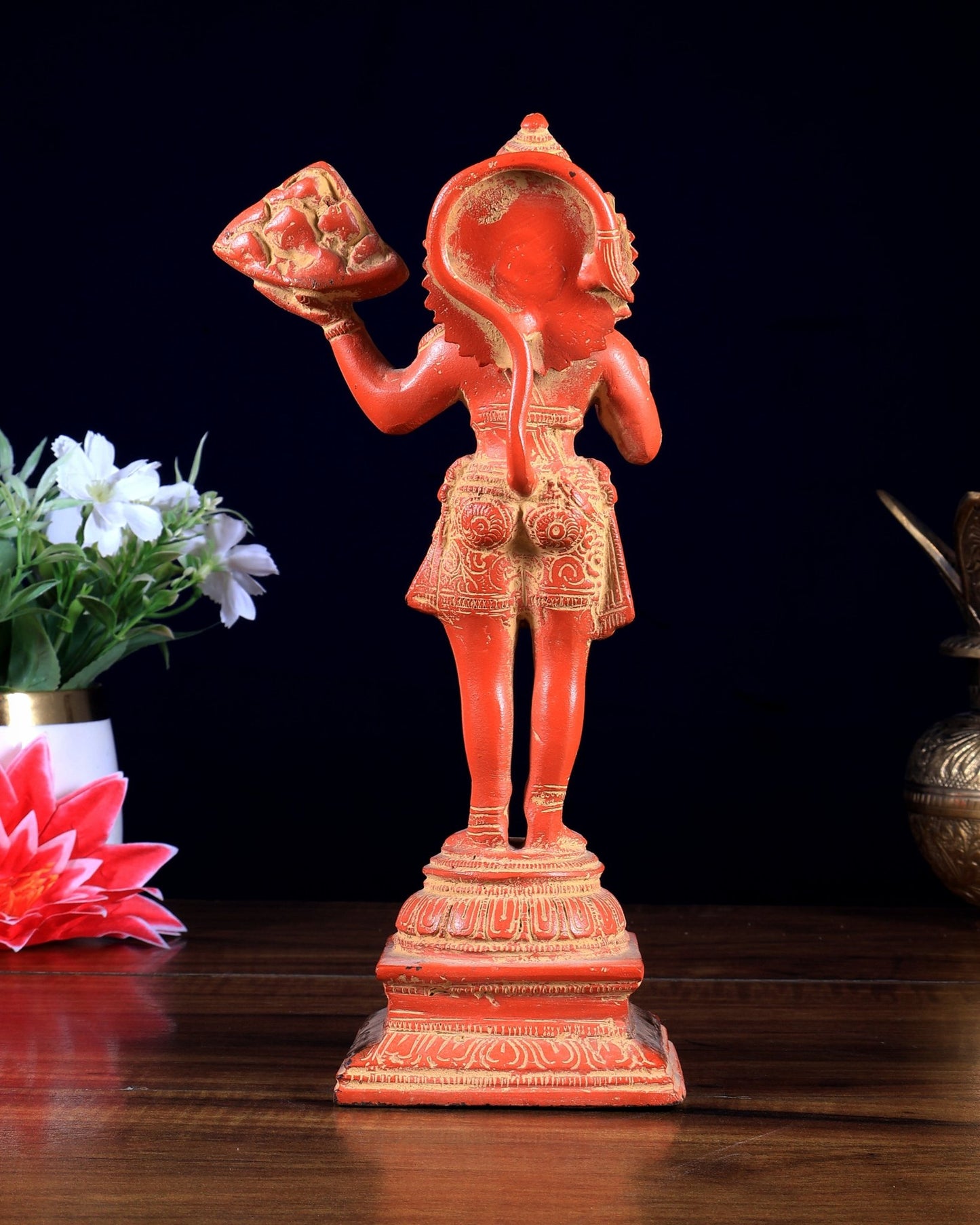 Pure Brass Vintage Sanjeevani Hanuman Statue – Red sand finish | 10 - Inch - Budhshiv.com