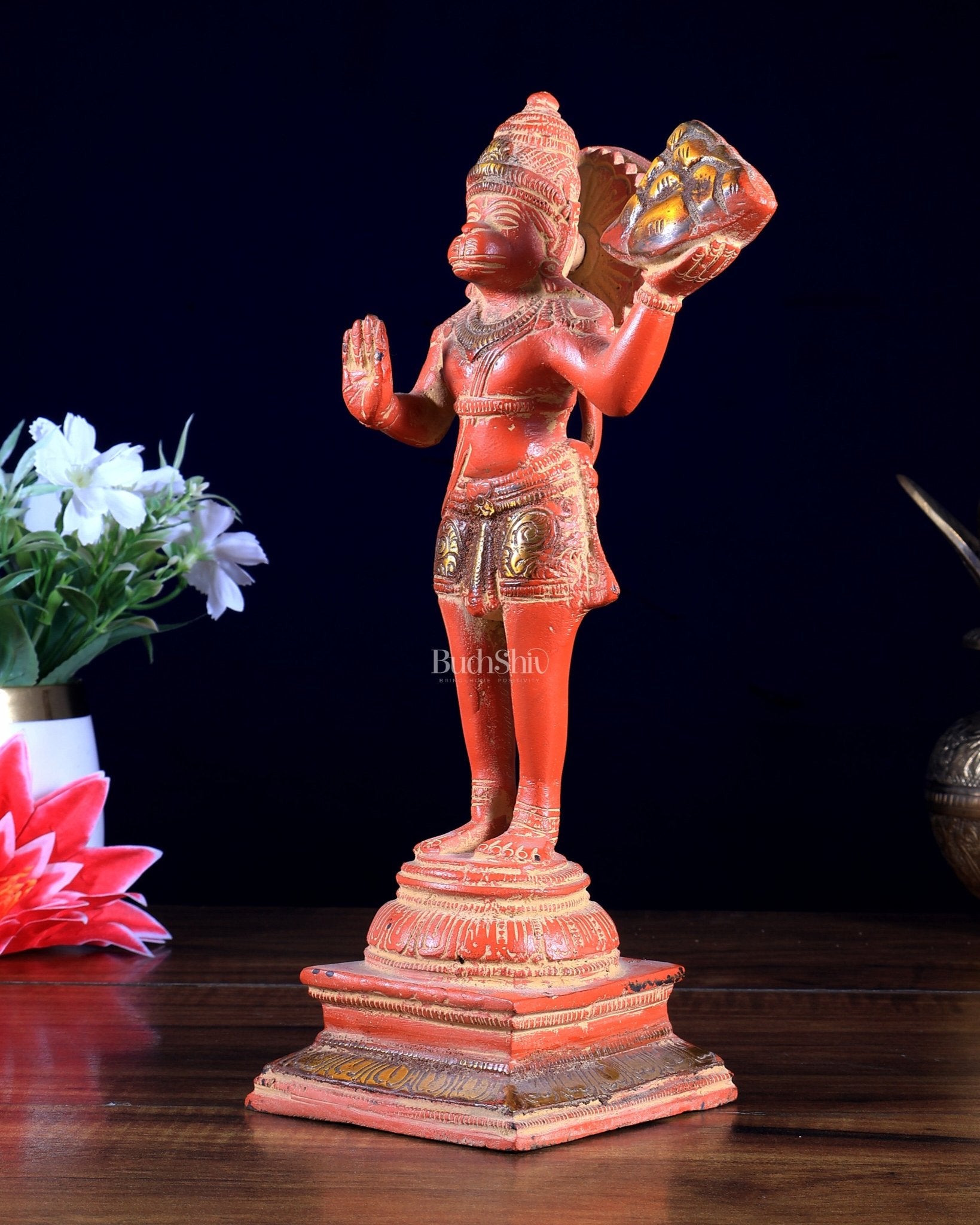 Pure Brass Vintage Sanjeevani Hanuman Statue – Red sand finish | 10 - Inch - Budhshiv.com