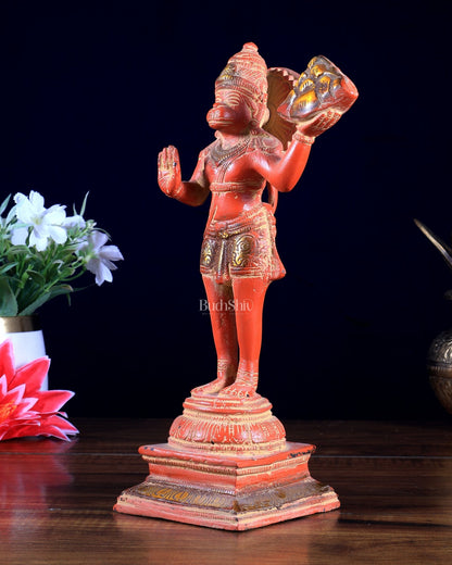 Pure Brass Vintage Sanjeevani Hanuman Statue – Red sand finish | 10 - Inch - Budhshiv.com