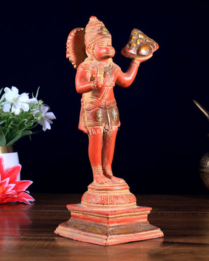 Pure Brass Vintage Sanjeevani Hanuman Statue – Red sand finish | 10 - Inch - Budhshiv.com