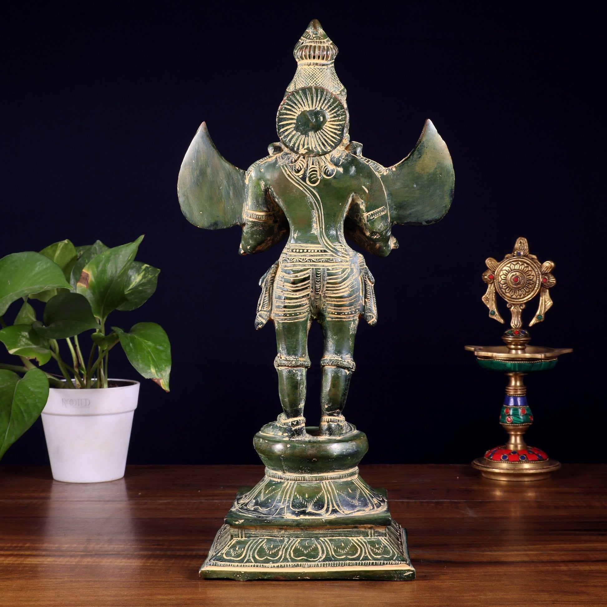 Pure Brass Vintage Standing Garuda Dev Statue – Green Patina Finish | 15.5 Inch - Budhshiv.com