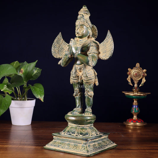Pure Brass Vintage Standing Garuda Dev Statue – Green Patina Finish | 15.5 Inch - Budhshiv.com