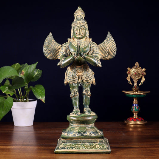 Pure Brass Vintage Standing Garuda Dev Statue – Green Patina Finish | 15.5 Inch - Budhshiv.com
