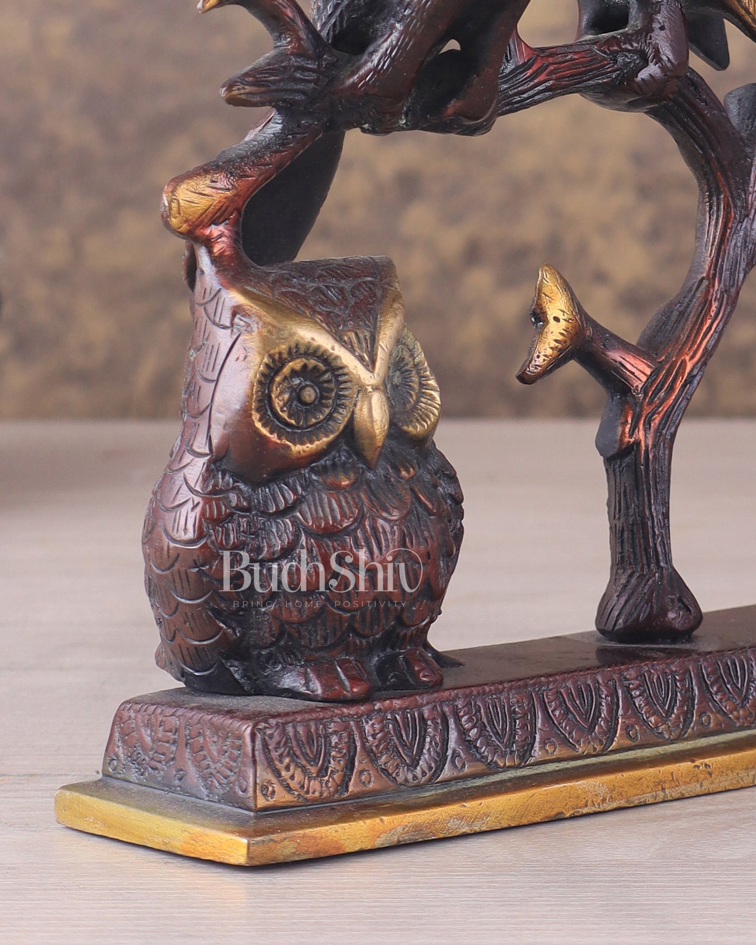 Pure Brass Vintage Tone Pair of Owls with Pair of Pigeons – Vastu Approved Showpiece 8.5" - Budhshiv.com