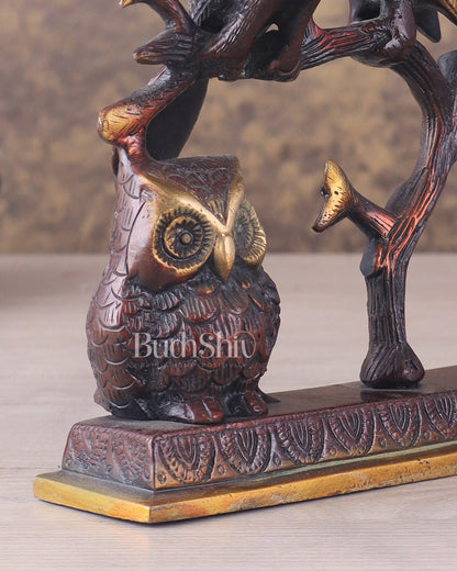 Pure Brass Vintage Tone Pair of Owls with Pair of Pigeons – Vastu Approved Showpiece 8.5" - Budhshiv.com