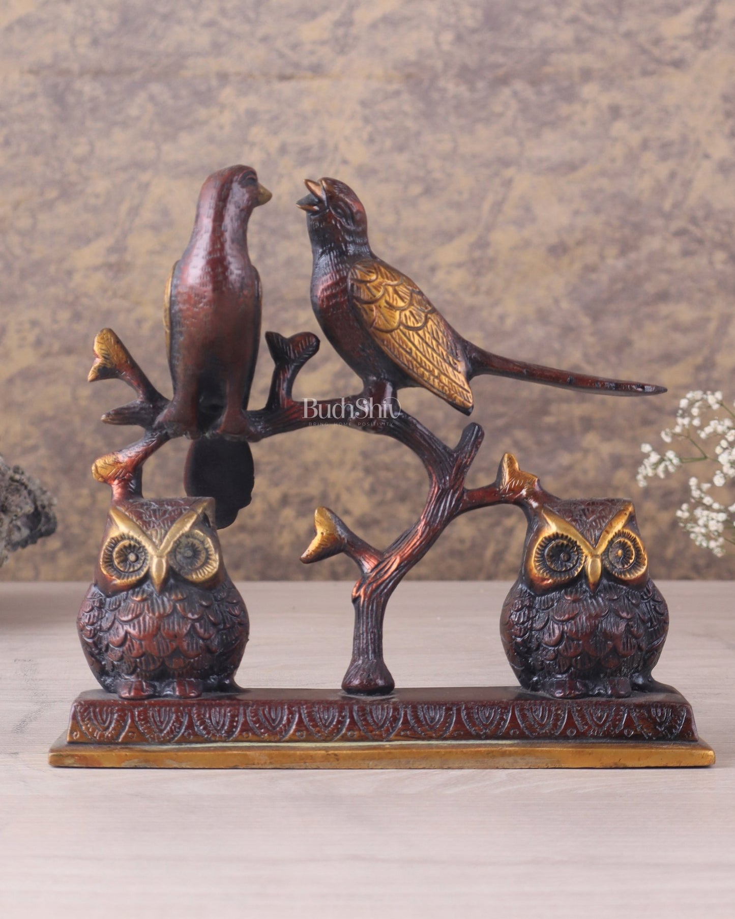 Pure Brass Vintage Tone Pair of Owls with Pair of Pigeons – Vastu Approved Showpiece 8.5" - Budhshiv.com