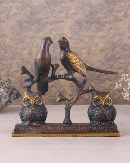 Pure Brass Vintage Tone Pair of Owls with Pair of Pigeons – Vastu Approved Showpiece 8.5" - Budhshiv.com