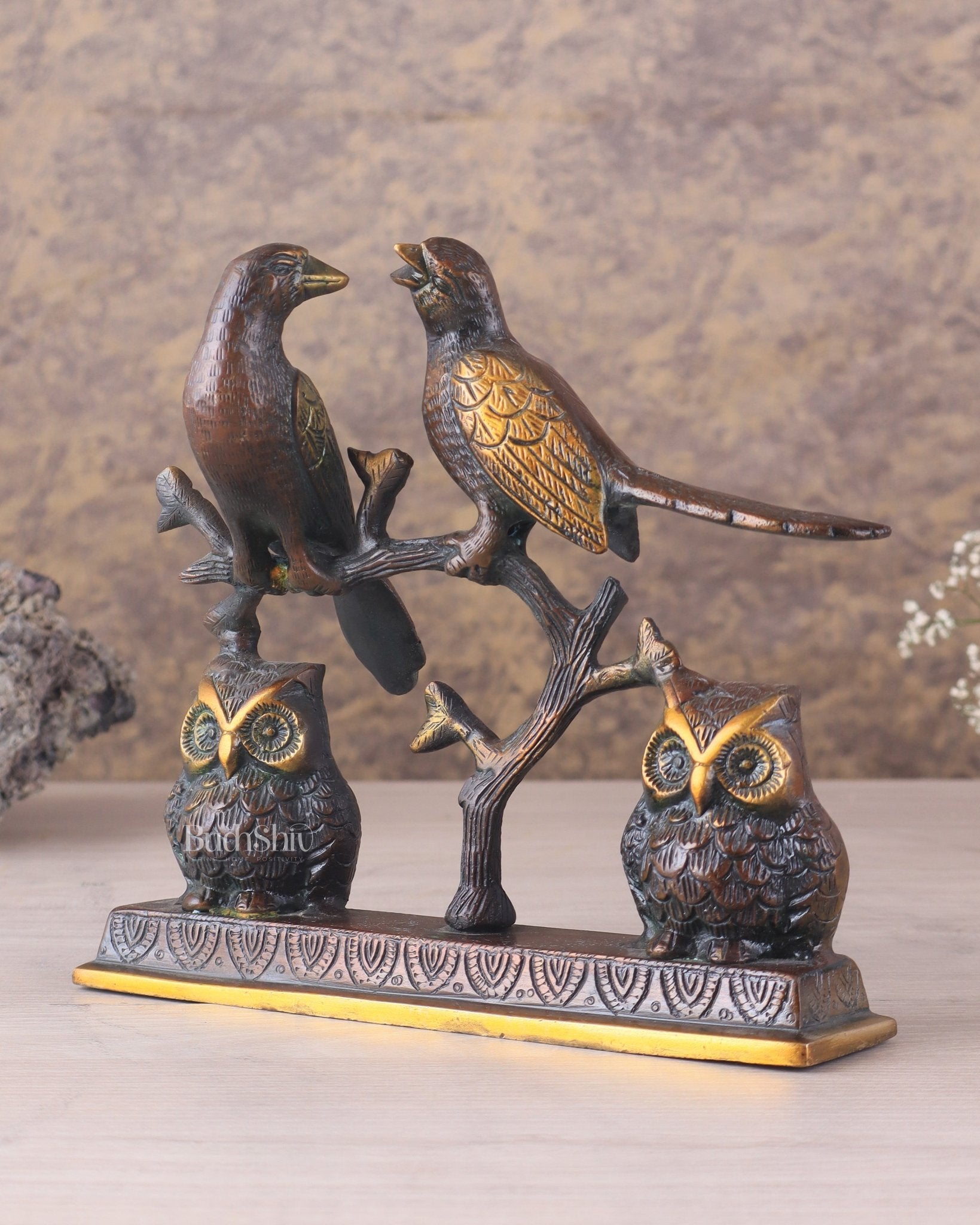 Pure Brass Vintage Tone Pair of Owls with Pair of Pigeons – Vastu Approved Showpiece 8.5" - Budhshiv.com