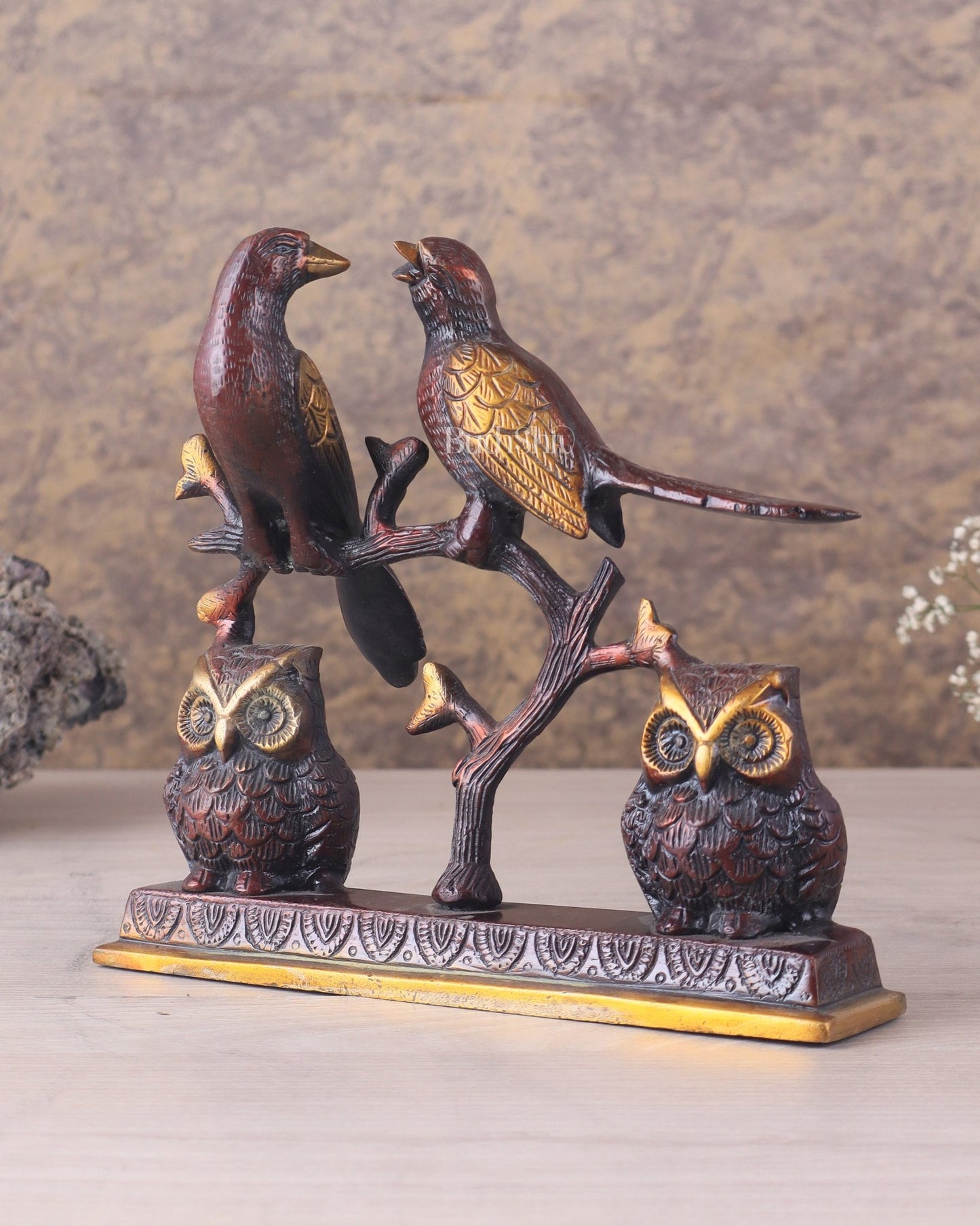 Pure Brass Vintage Tone Pair of Owls with Pair of Pigeons – Vastu Approved Showpiece 8.5" - Budhshiv.com