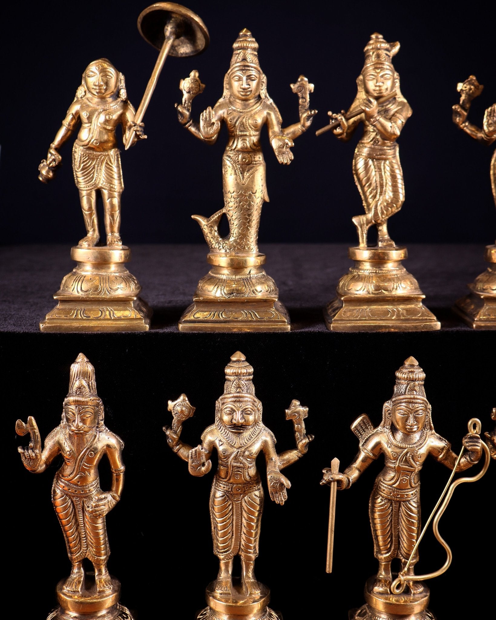 Pure Brass Vishnu Dashavatar Idol Set – Traditional, 6" Matte tone - Budhshiv.com