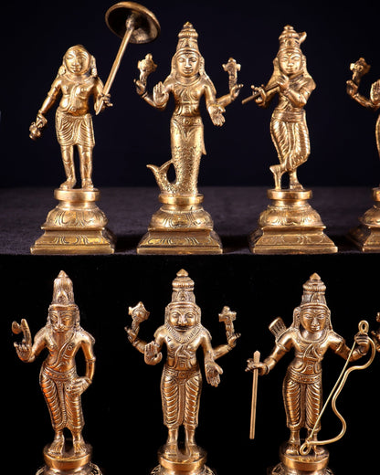 Pure Brass Vishnu Dashavatar Idol Set – Traditional, 6" Matte tone - Budhshiv.com
