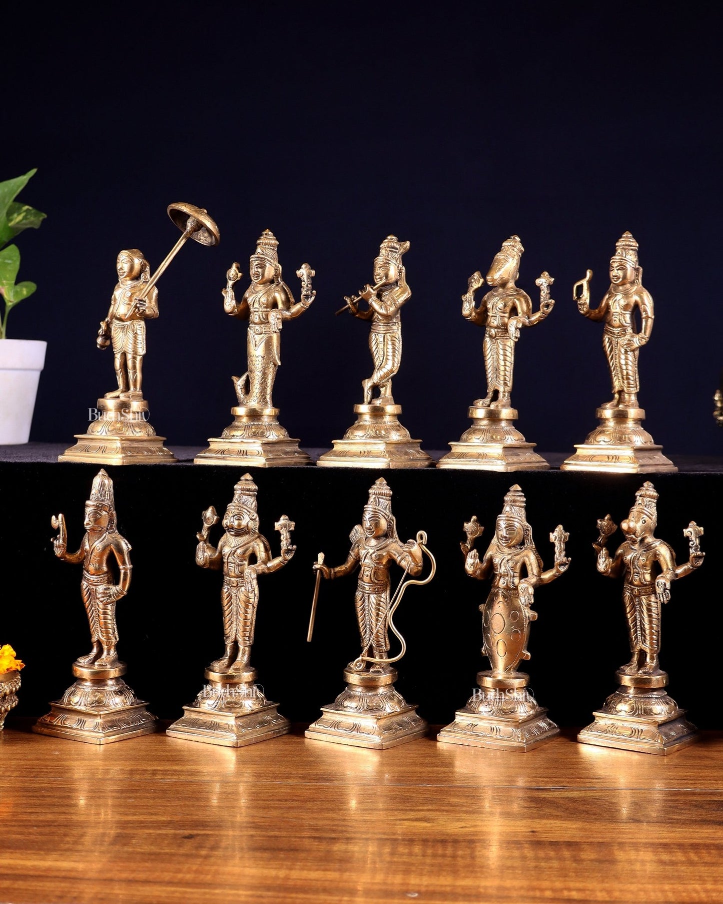 Pure Brass Vishnu Dashavatar Idol Set – Traditional, 6" Matte tone - Budhshiv.com
